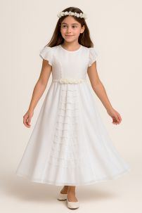 Vestido de Comunion con Multivolados en Falda