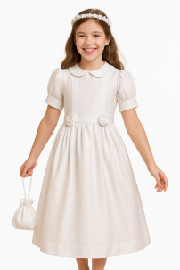 Vestido de comunion con cuellito y tablas en costado de la pechera