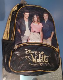 Mochila grande Espalda de Violetta bordada con brillo dorado y negro, bolsillo frontal y en laterales
