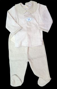 Conjunto Batita Cuello Baby Brodado Rayada Con Medio Osito Ranita Lisa