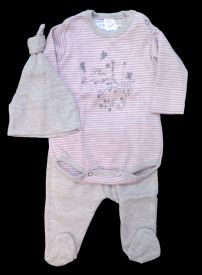 Conjunto Body Manga Larga Con Florcitas Rayado Con Medio Osito Ranita Con Pie Liso y Goro Liso