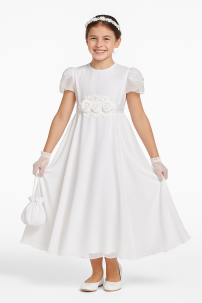 Vestido Comunion corte princesa faja organza buquet de rosas sin capa 