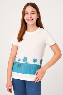 Remera Manga Corta Estampado Flores y Vaquita de San Antonio con Glitter