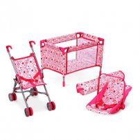 Set para Muñecas: Cochecito Paraguitas, Cuna, Huevito y Porta Bebe 