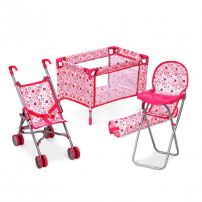Set para Muñecas: Cochecito Paraguitas, Cuna, Huevito y Porta Bebe 