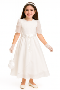 Vestido de Comunión con Manga Canesu de Encaje y Doble Falda  