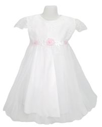 Vestido Bautismo Tul Con Mangas y Lazo Con Flores Rosas Y Blancas