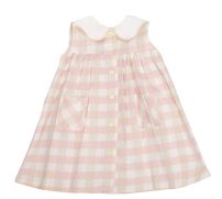 Vestido lino a cuadrille con cuello baby y botones  y bolsillos al frente sin manga