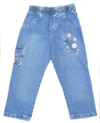 Pantalon jean nena cintura elastizada y flores bordadas