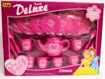 Juego de te con platitos, tazas, tetera, cubiertos en caja con visor 