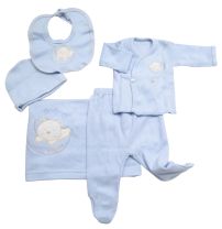 Set de 5 piezas algodon (mantita, 1/2 osito, batita gorro, babero) 