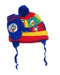 Conjunto de Gorro con Pompon y Mitones Tejidos Combinados -Pato Donal