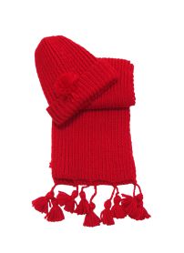 Conjunto Tejido a mano de Gorro y Bufanda con pompones