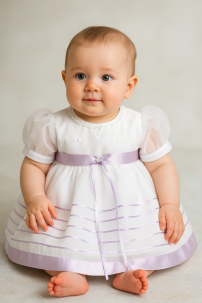 Vestido Bautismo manga corta en gasa con faja y borde de falda en razo 