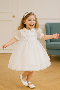 Vestido bautismo de gasa y pechera con razo y perlas Manga corta