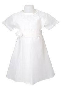 Vestido bautismo de gasa con alforza flores y cintra con flores Manga corta