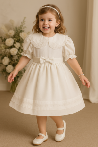 Vestido de Bautismo seda labrada con cuello bordado mangas largas