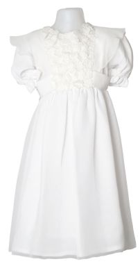 Vestido de Bautismo con Flores aplicadas en Pechera Mangas Cortas