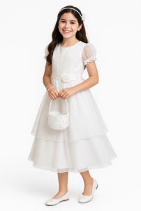 VESTIDO COMUNION CON PERLAS Y DOBLE VOLADO