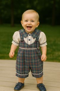 Conjunto Bautismo Jardinero a Cuadro y Camisa Lisa