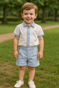 Conjunto Bautismo Short Rayado y Camisa Manga Corta