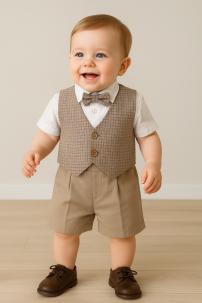 Conjunto Bautismo 3 pieza Bermuda Camisa y Chaleco