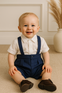 Conjunto Bautismo Bermuda Con Tiradores y Camisa Manga Corta