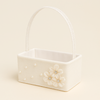 Canasta Comunion Rectangular De Tull Con Apliques De Flores y Perla