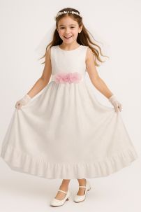 Vestido Sin Manga Con Guarda De Broderie Y Faja Con Flor En El Centro