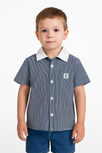 Camisa Manga Corta Rayada con Cuello Combinado Liso