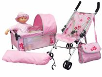 Chochecito + practicuna con bolso +morral para muñecas