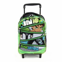 Mochila chica con carro Ben 10 revolution con 4 cierres de bolsillos frontales en zig zag con imagen entre cada cierre vinilica