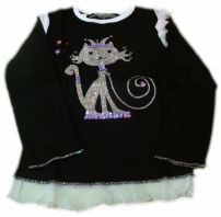 Remera Manga Larga con Estampado Brillante y Lentejuelas de Gato Con Corona