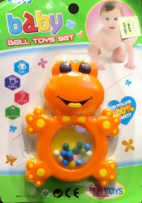 sonajero en forma de rana color naranja y amarillo en blister