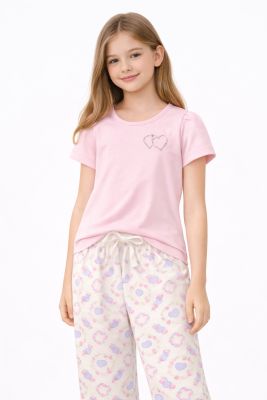 Pijama Nena Verano Manga Corta + Pantalon Largo rosa 2 corazones de tachas