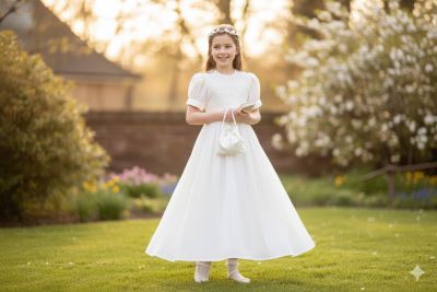 Vestido de comunion boton en manga con punto smock