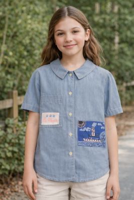 Camisa De Jean Manga Corta  Con Mariposo Bordada