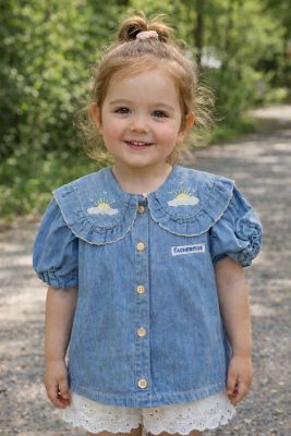 Camisa De Jean Con Cuello Baby Bordado Manga Corta