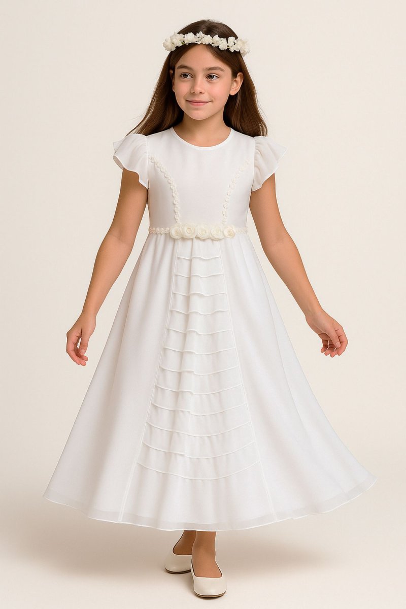 Vestido de Comunion con Multivolados en Falda