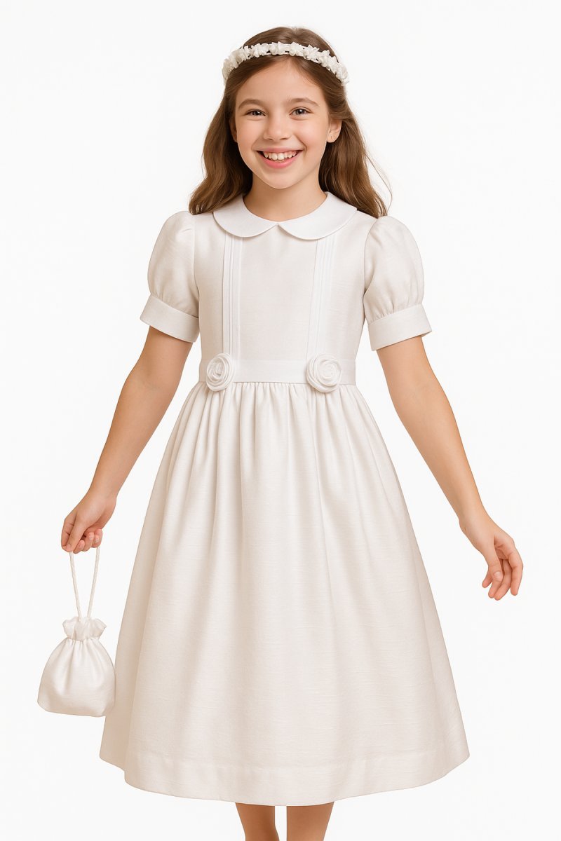 Vestido de comunion con cuellito y tablas en costado de la pechera