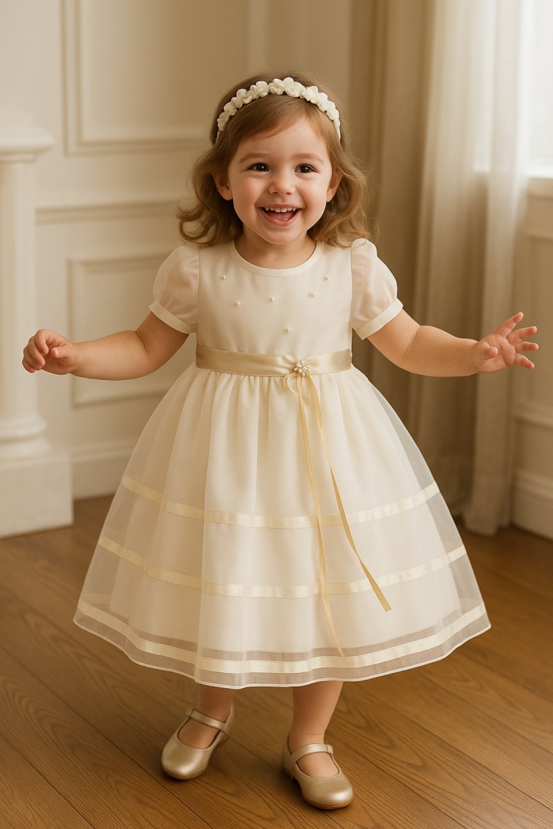 Vestido Bautismo manga corta en gasa con faja y borde de falda en razo