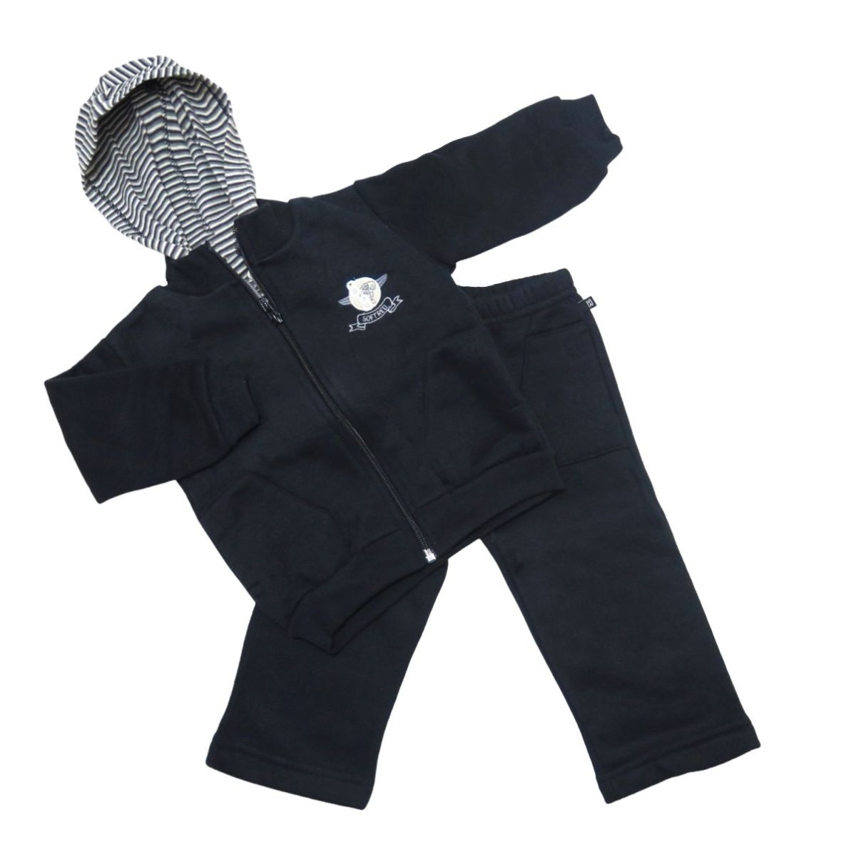 Conjunto Campera y Pantalon Frisa Negro Capucha rayada