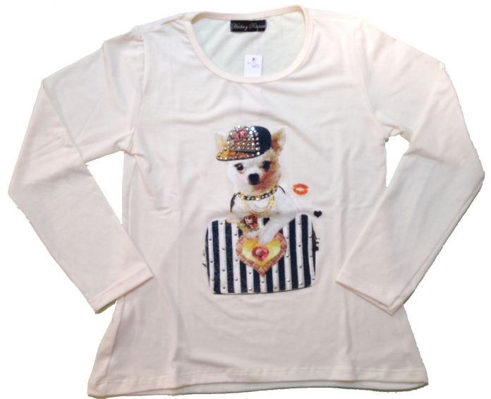 Remera Manga Larga Estampada con Perro con Gorra y Tachas