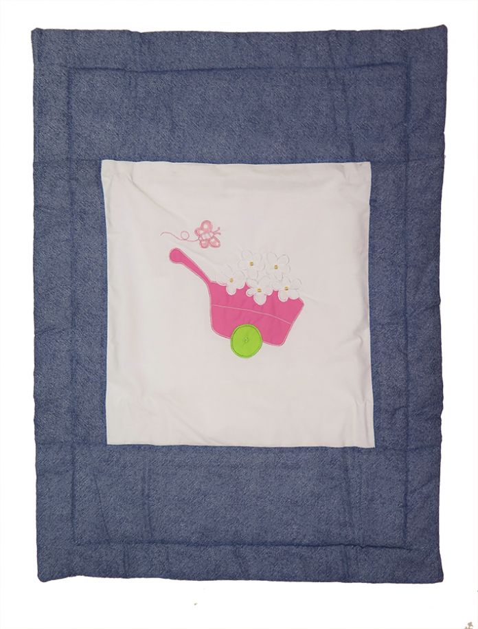 Acolchado de Catre / Moisés Azul y Blanco Carretilla Rosa con Flores