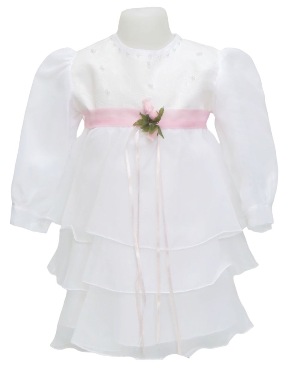 Vestido de Bautismo Manga Larga de gasa con falda de tres volados