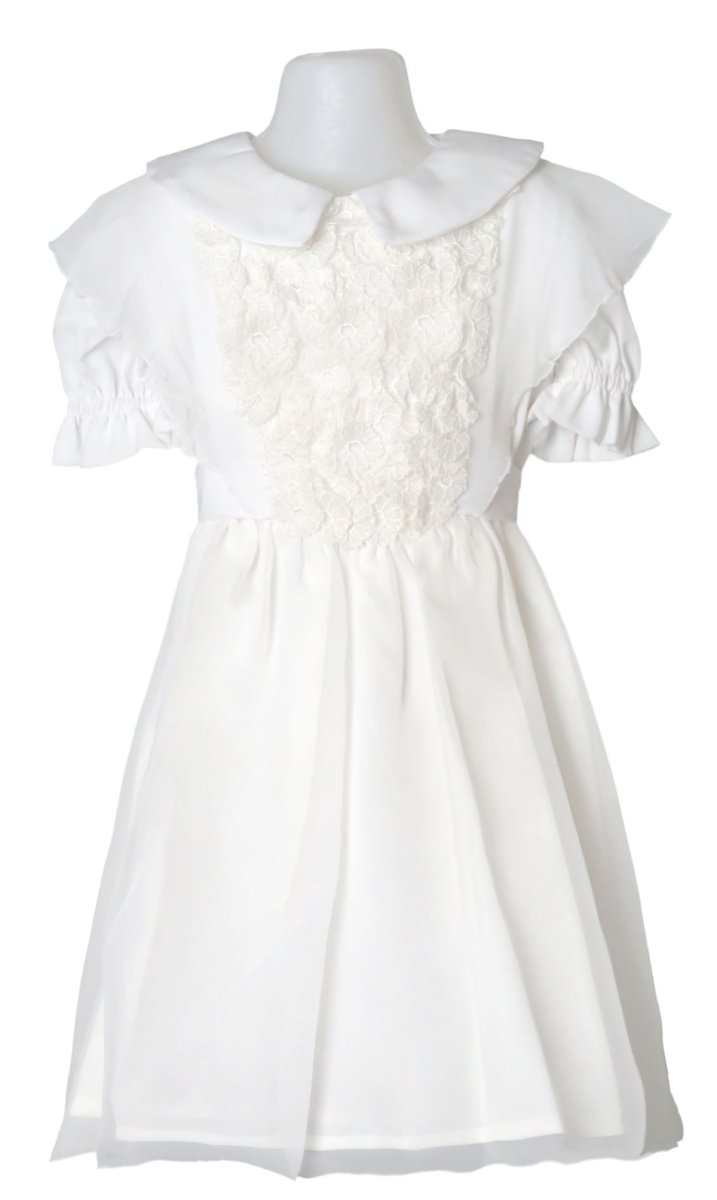 Vestido de Bautismo con cuello y Flores aplicadas en Pechera Mangas Cortas