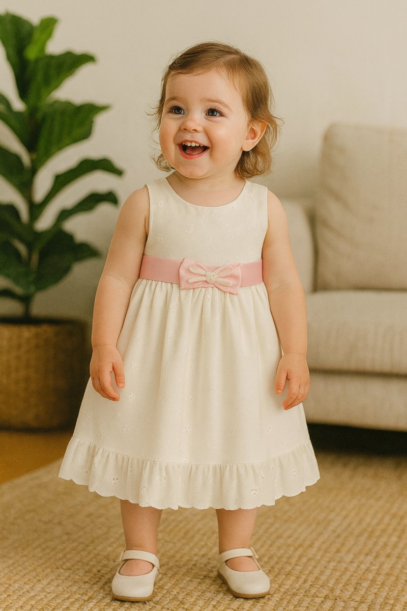 Vestido de broderie con faja en razo