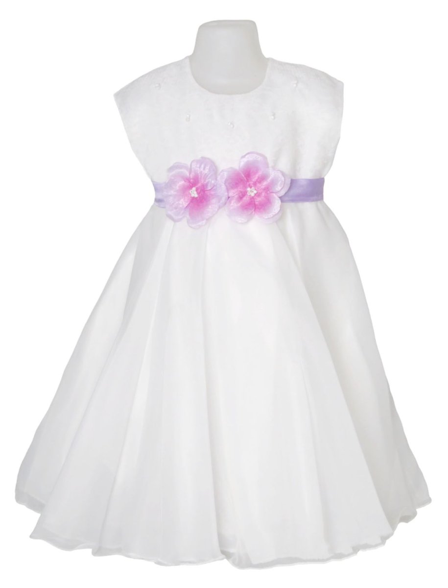 Vestido  bautismo de gasa y encaje con faja de flor Lila
