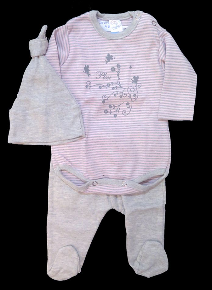 Conjunto Body Manga Larga Con Florcitas Rayado Con Medio Osito Ranita Con Pie Liso y Goro Liso