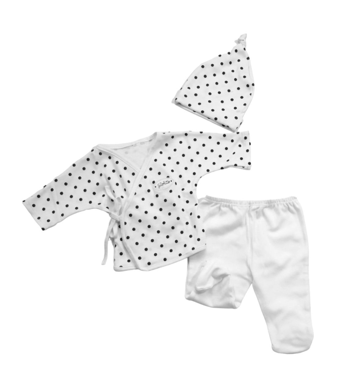 Conjunto Algodon Batita Con Pantalon Con Pie y Gorro Estampado Lunares